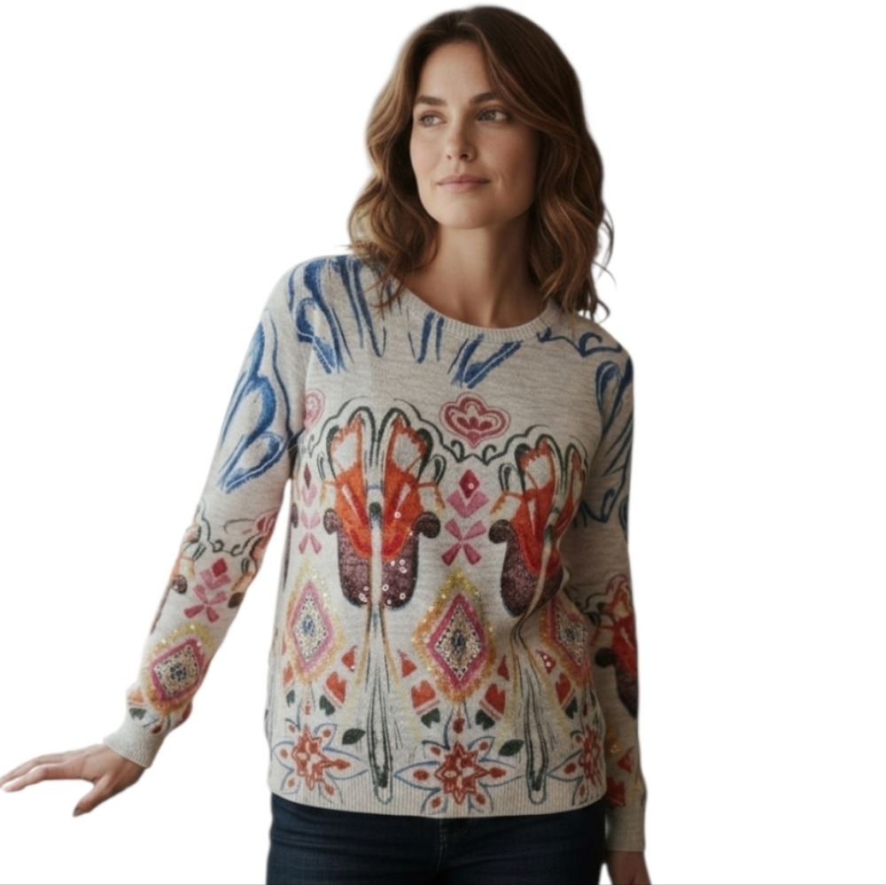 Desigual White Lightweight Cotton Pullover Vibrant Floral w Sequins Embroidery M